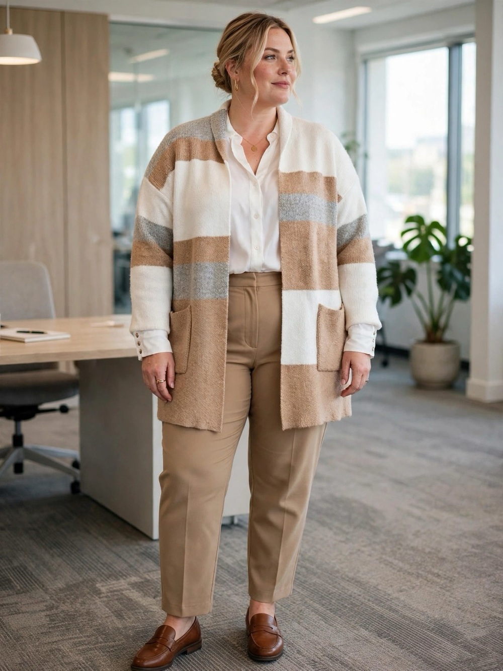 Max Studio Cream Camel Gray Striped Open-Front Cardigan | Size XL